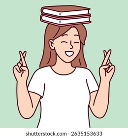 Peaceful girl with books on her head, smiling and showing peace signs with both hands, symbolizing joy in learning and life balance