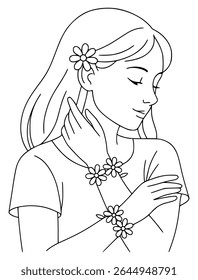 Peaceful Girl with Flower Bracelets – Mindful Coloring Page for Teens