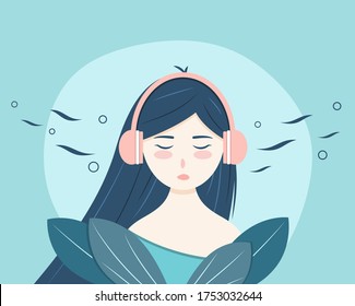 Peaceful girl listening to the music in pink headphones. Flat style vector illustration