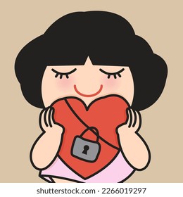 Peaceful Girl Is Protecting Her Red Heart Shaped With Lock. Mental Health Concept Card Character illustration
