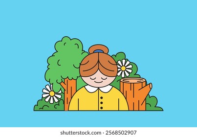 Peaceful girl sitting and sleeping among trees and flowers in a serene garden cartoon retro vector illustration