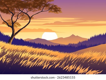 Peaceful grassland sunset illustration with trees and mountain
