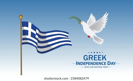  A peaceful Greek Independence Day banner featuring the Greek flag and a dove carrying an olive branch, symbolizing peace, freedom, and national pride.