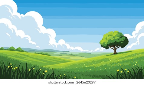 Peaceful Green Hills and Sky with Fluffy Clouds