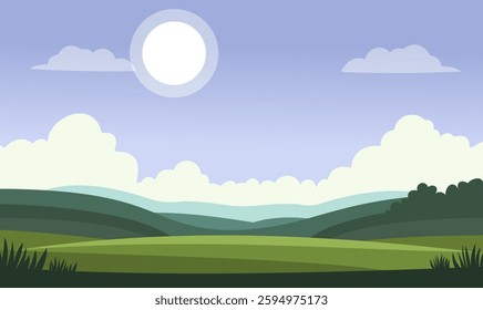 Peaceful Green Meadow Field Hill Nature Landscape with Sun in Summer Bright Sky