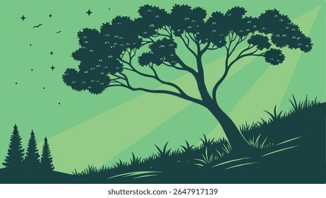 Peaceful green nature illustration with tree silhouette, starry sky, birds, and light rays. Ideal for backgrounds, tranquility, and outdoor themes.