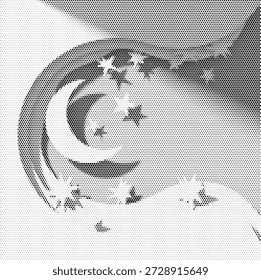 Friedlicher Halbtonvektor eines Halbmondes und Sterne, der den Nachthimmel und islamische Themen darstellt. Ideal für Ramadan-Grußkarten, Astronomie-Inhalte und verträumte Nachtdesigns.