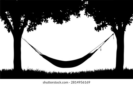 A peaceful hammock tied between two trees in a natural outdoor setting, ideal for relaxation and enjoying natures tranquility.