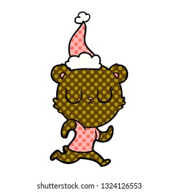 peaceful hand drawn comic book style illustration of a bear running wearing santa hat
