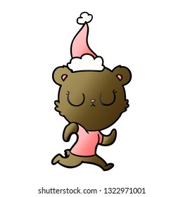 desenho animado de gradiente de mão pacífica de um urso correndo usando chapéu de santa