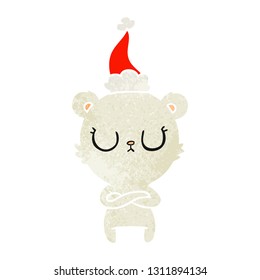 peaceful hand drawn retro cartoon of a polar bear wearing santa hat