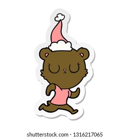peaceful hand drawn sticker cartoon of a bear running wearing santa hat