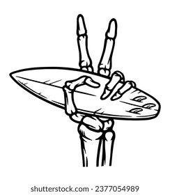 peaceful hand skeleton and surfboard line illustration