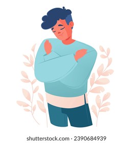 A peaceful happy person feeling happy. A smiling person hugging himself. Concept of self care, self love, mental health. Flat graphic vector illustration isolated on white background.