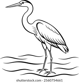 Peaceful Heron in Still Waters Line Art Vector Illustration