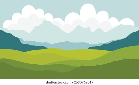 Peaceful hills landscape with gentle slopes, soft curves, and natural colors. A calm and open scene showcasing layered green hills under a wide sky, perfect for nature, travel, or background themes.