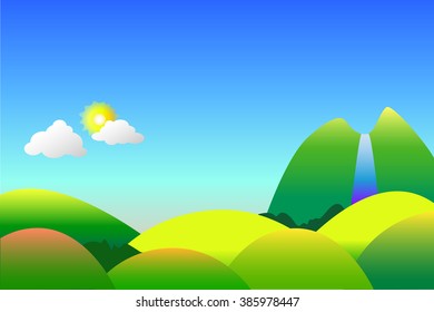 Peaceful idyllic landscape, optimistic summer landscape, vector landscape with place for text, summer vector illustration with place for text, summer countryside with waterfall, fantastic landscape