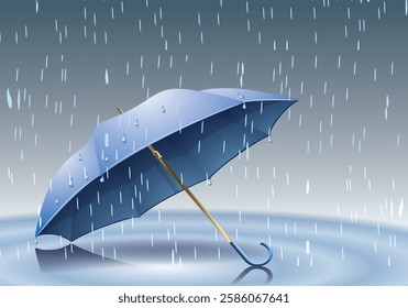 A peaceful illustration of a blue umbrella shielding from rain, surrounded by falling raindrops creating ripples in water, evoking calmness and serenity.