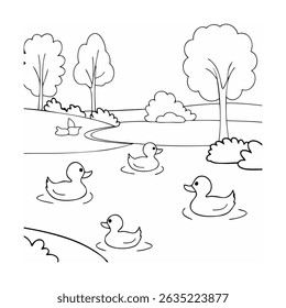 Peaceful illustration of ducks swimming in a pond surrounded by trees and nature