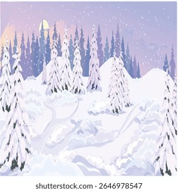 A peaceful illustration of a snow-laden conifer forest under a soft, glowing sky, suggesting either dawn or dusk. Ideal for backgrounds, seasonal greetings, outdoor adventures, or cozy winter concepts