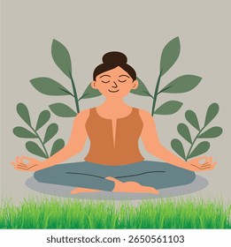 Uma ilustração pacífica de uma mulher praticando ioga em um ambiente sereno ao ar livre, perfeito para temas de atenção plena, bem-estar e vida saudável, destacando a tranquilidade da meditação na natureza.
