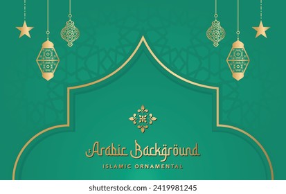 Un entorno islámico tranquilo con farolillos ornamentados y estrellas brillantes en un entorno verde y exuberante. Perfecto para invitaciones religiosas, saludos o publicaciones en medios sociales.