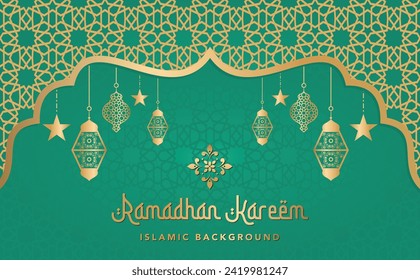 Ein friedlicher islamischer Hintergrund mit orangefarbenen, leuchtenden Laternen und funkelnden Sternen auf grünem Hintergrund. Ideal für religiöse Einladungen, Grußkarten oder Social-Media-Beiträge.