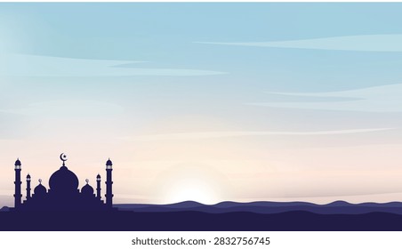 Peaceful Islamic landscape featuring a mosque silhouette with domes and minarets beneath a soft pastel sunrise sky and layered distant hills, ideal for Ramadan, Eid, prayer, spiritual, and religious background designs.