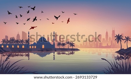Peaceful Islamic landscape vector with a mosque by the water, reflecting the first light of dawn and birds flying across the sky.