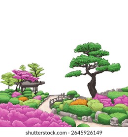 A peaceful japanese garden with fibrant bushes, a large bonsai tree, a wooden pavilion, stone path, and colorful foliage in pink, green, and orange shades.