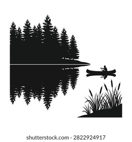 Peaceful lake scene with canoe, trees, and cattails, evoking calmness and tranquility in nature