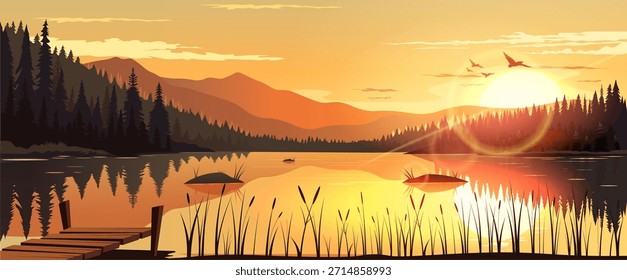 Cena pacífica do lago ao pôr do sol com pinheiros, montanhas, pássaros e uma doca de madeira em um estilo gráfico plano em um fundo natural. Ilustração vetorial