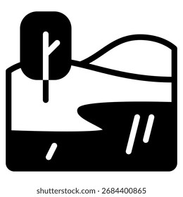 Uma pacífica cena à beira do lago com uma árvore, água e colinas distantes, adequado para a natureza ou para os visuais de viagem.