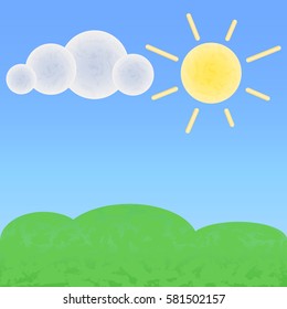 Peaceful land with cloud and sun. Optimistic summer landscape with  place for text. Nature banner template. Green hills vector illustration. Good day and sunny weather nursery art. Cartoon landscape