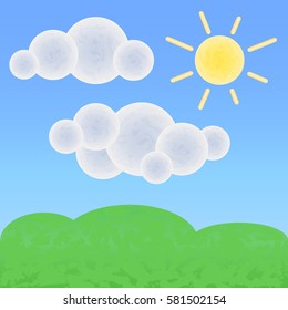 Peaceful land with clouds and sun. Optimistic summer landscape with textures. Natural banner template. Green hills vector illustration. Good day and sunny weather nursery art. Cartoon landscape