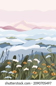 Peaceful landscape with fog over meadow of spring flowers in morning. Calm idyllic nature in mist.Tranquil serene scenery. Still quiet scene of countryside environment. Flat vector illustration