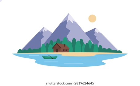 Peaceful landscape illustration shows a small wooden cabin nestled on a green forest island under snowy mountain peaks.