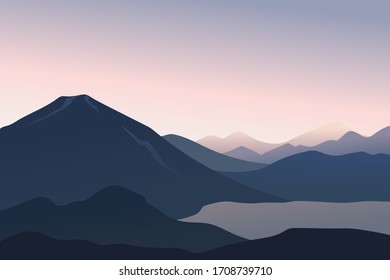 Peaceful landscape lake in the mountains at dawn in soft colors. Travel vector illustrations.