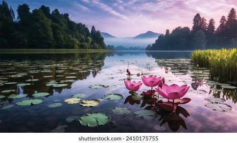 Peaceful landscape with lotus flower,mountain,and lake