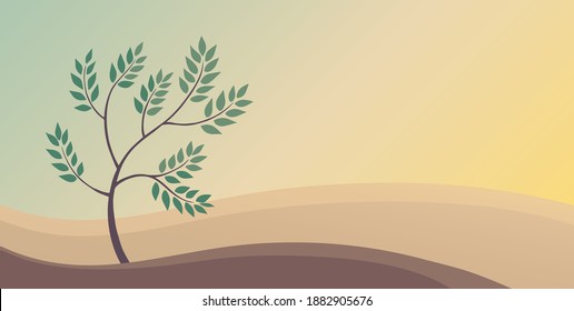 Peaceful landscape of nature. Deciduous tree and hills. Banner with place for text. Vector background illustration.