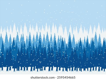 Peaceful landscape serene winter scene. Snow mountain, pine tree and blue sky. Winter background. Vector illustration.