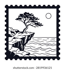 Peaceful landscape with tree on cliff by calm sea under full moonlight at dusk