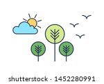 Peaceful landscape with trees, sun, cloud and birds. Scenery with park or forest. Environment protection, ecology support, responsibility for nature. Modern vector illustration in linear style.