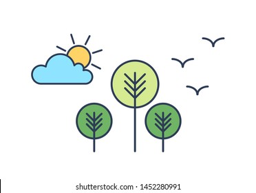 Peaceful landscape with trees, sun, cloud and birds. Scenery with park or forest. Environment protection, ecology support, responsibility for nature. Modern vector illustration in linear style.