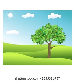 Peaceful Landscape of Uneven land with a big tree and bright blue sky.