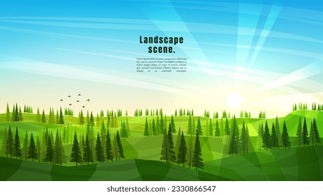 Peaceful landscape. Vector illustration. Flat cartoon polygonal style. Wallpapers in natural style. Green forest trees on meadows. Blue cloudy sky with sunbeams. Slopes, relief. Web banner design