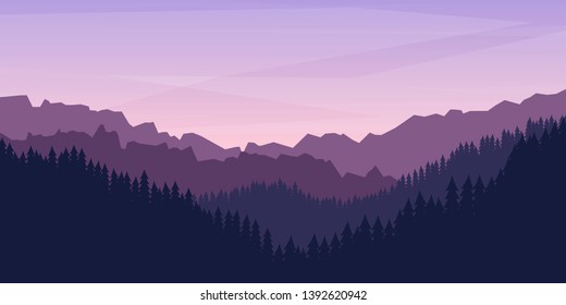 Peaceful landscape. Vector illustration. Minimalist style. Monotone colors. Wallpaper in the natural concept. Silhouettes of the mountains. Slopes, relief. Panoramic image