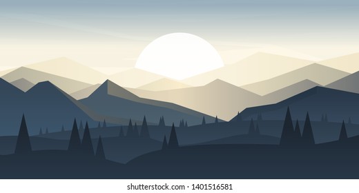 Peaceful landscape. Vector illustration. Minimalist style. Monotone colors. Wallpaper in the natural concept. Silhouettes of the mountains. Slopes, relief. Panoramic image