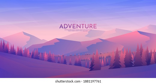 Peaceful landscape. Vector illustration. Minimalist style. Wallpaper. Natural concept. Silhouettes of the mountains. Slopes, relief. Panoramic image. Forest and hills in meadow. Bright gradient color