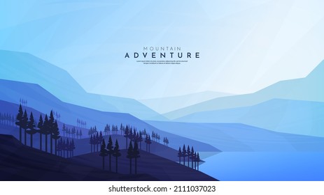 Peaceful Landscape. Vector Illustration. Minimalist Style. Monotone Blue Colors. Wallpaper In The Natural Concept. Silhouettes Of The Mountains Near Forest Trees. Slopes, Relief. Woods Near Water